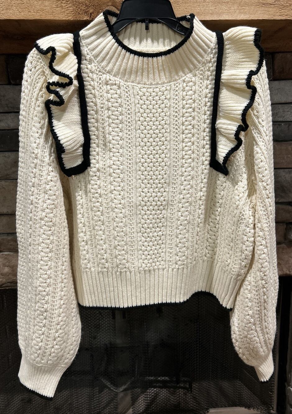 Women’s MABLE Cream / Black Ruffled Sweater Size L *C6
